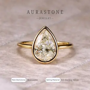 【#46 PR】Synthetic Moissanite S925 sterling silver pear cut 2/3 carat bezel setting for women's engagement/proposal ring