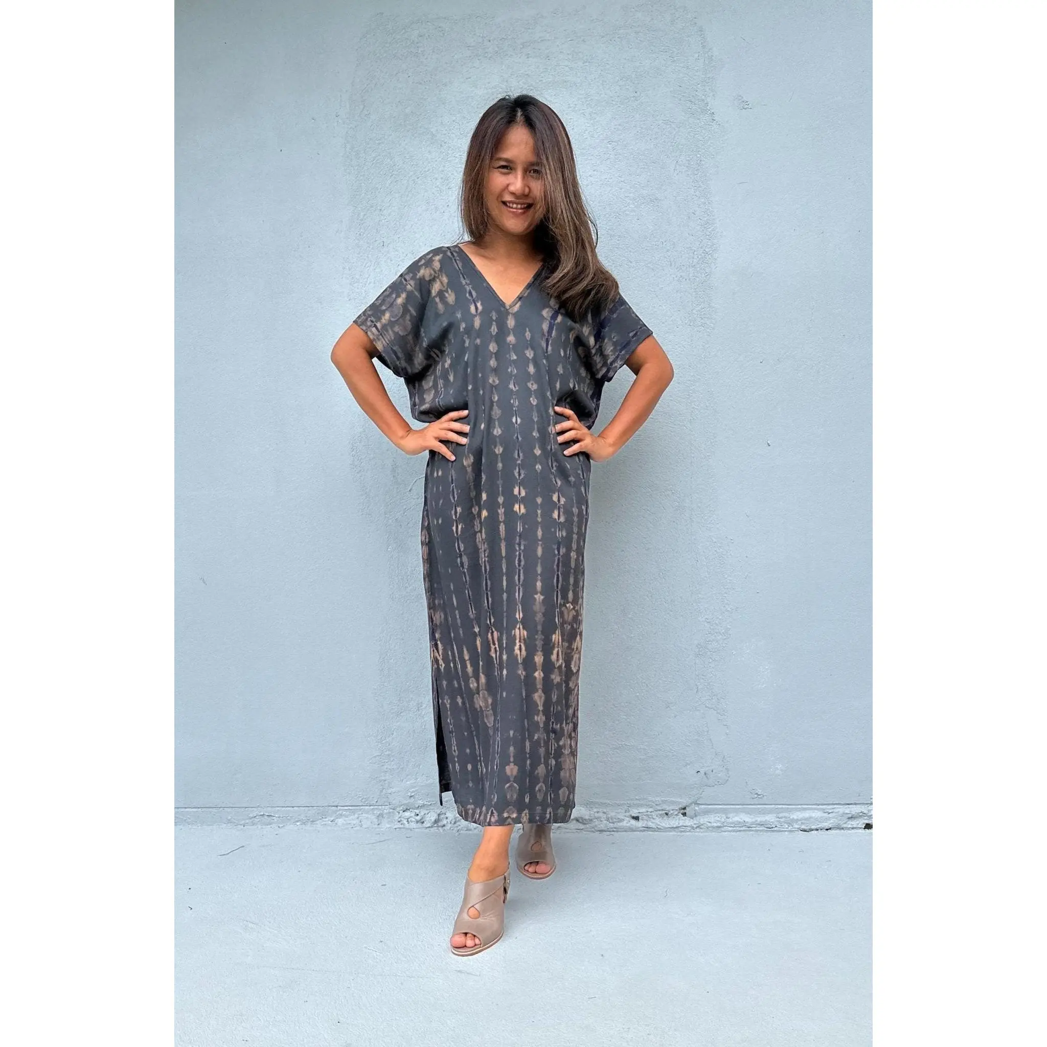 Callie Petite Kaftan Dress for Women, Gray Tie Dye in Breathable Rayon, Casual Wear with an Elongating Fit and Belt