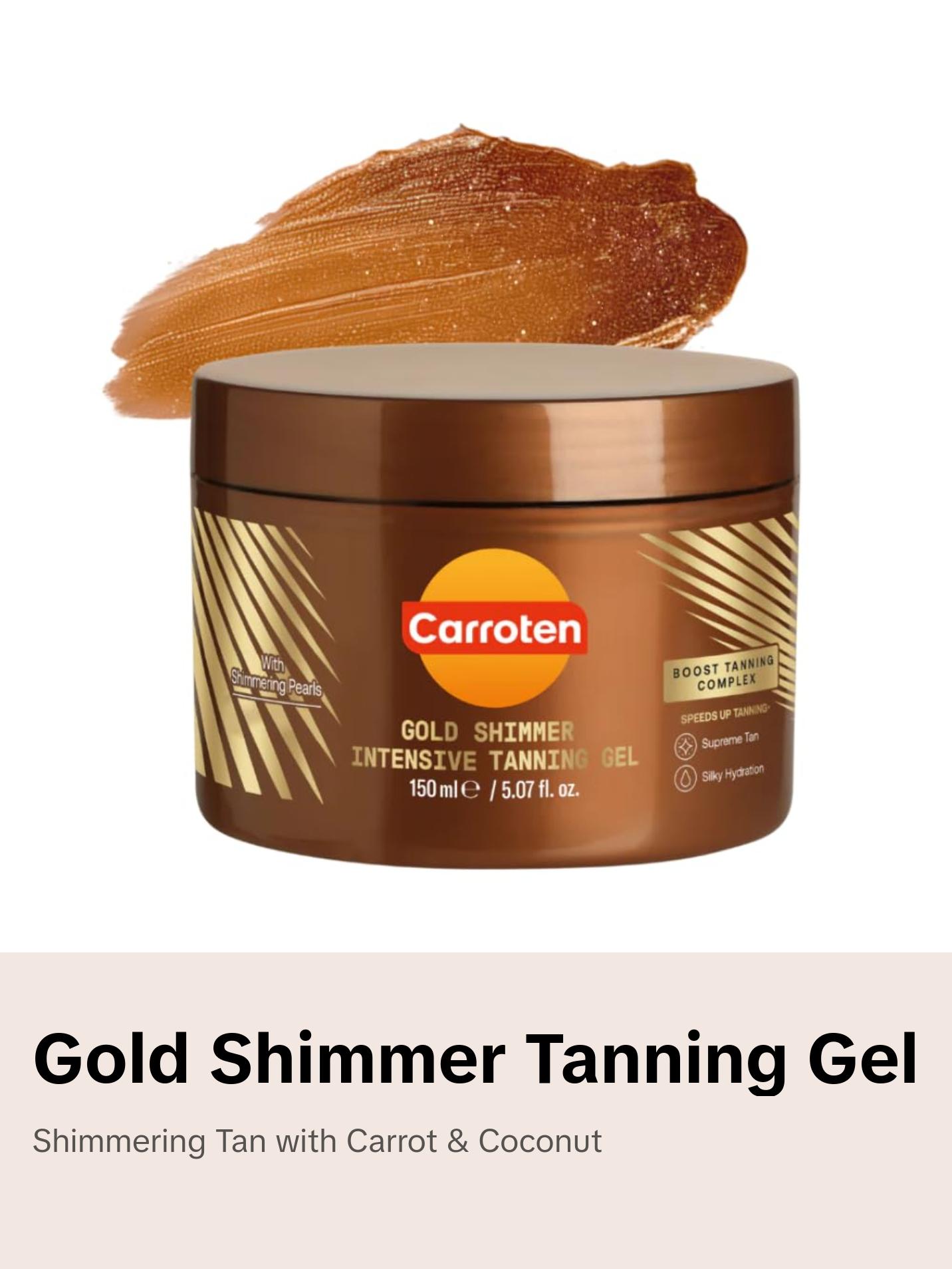 Carroten Gold Shimmer Tanning Gel | Bronzing Tan Accelerator | Non-Greasy, Water-Resistant with Carrot & Coconut Oil | Vitamin A & E For Moisture & Hydration | Made in Greece | 5 Fl Oz