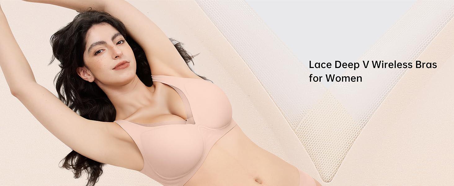 OEAK Deep V Mesh Wireless Bras for Women No Underwear Seamless Push Up Comfortable Tshirt Bralettes Everyday Bra