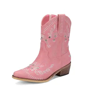 【Valentine's Day Gift】Rhinestone Ankle Cowboy Boots for Women Embroidered Short Cowgirl Boots With Low Heel Side Zipper Comfortable Chunky Heels Western Booties For Prom Party Wedding Footwear brown boots Walking Shoes fall boots