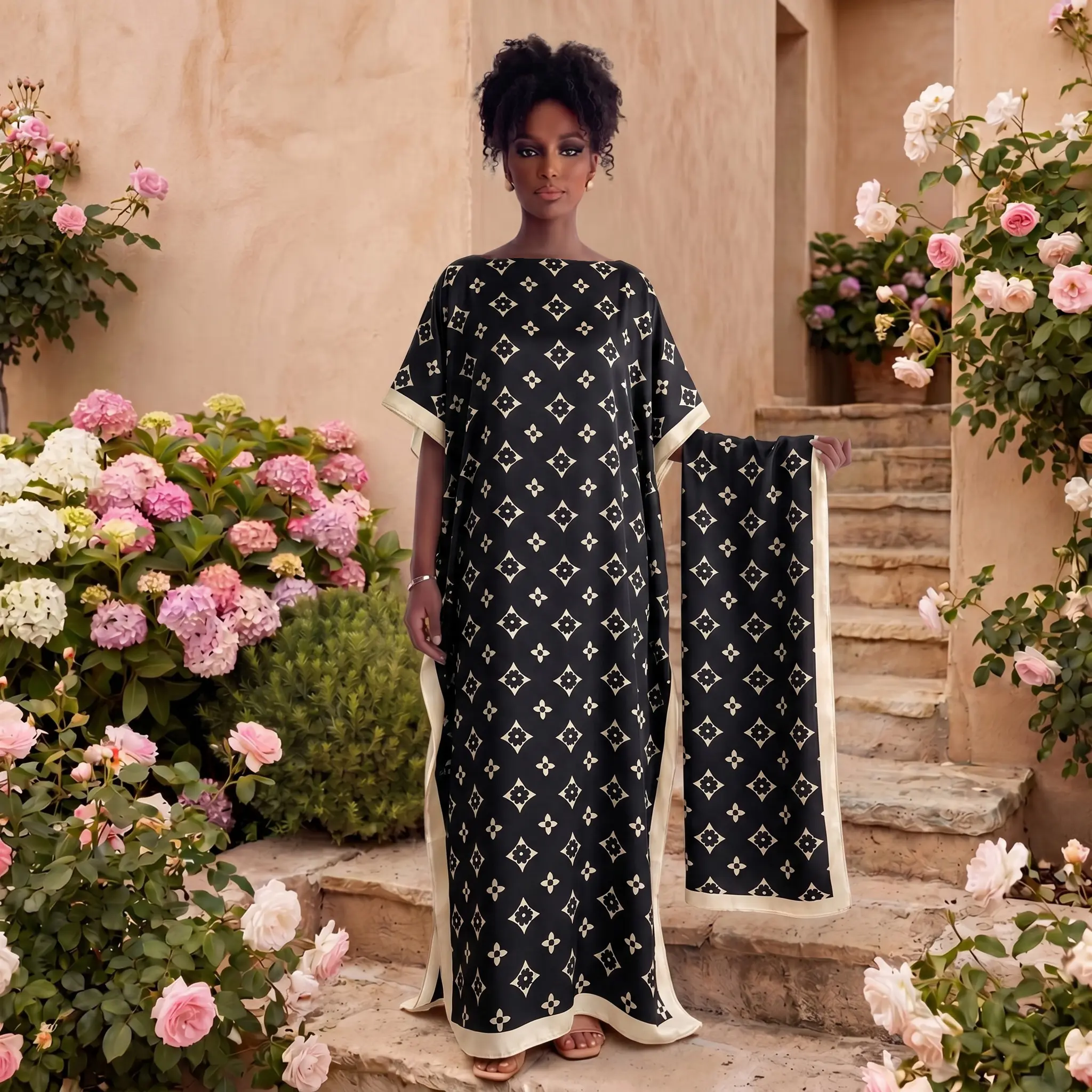 Women's 2-Piece Moo Moo Kaftan Set with Matching Hijab - Luxury Black Base Beige Clover Print Breathable Glossy Satin, Boat Neck Short Sleeve Silky Loose Side Split Maxi Dress, Minimalist Elegant Modest Outfit for Engagement, Birthday, Beach, All Seasons
