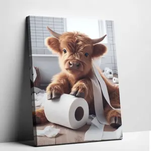 Highland Cow Bathroom Wall Art Canvas Print, Funny Farm Animal Poster Decor, Rustic Modern Bathroom Decor, Unique Gift for Animal Lovers