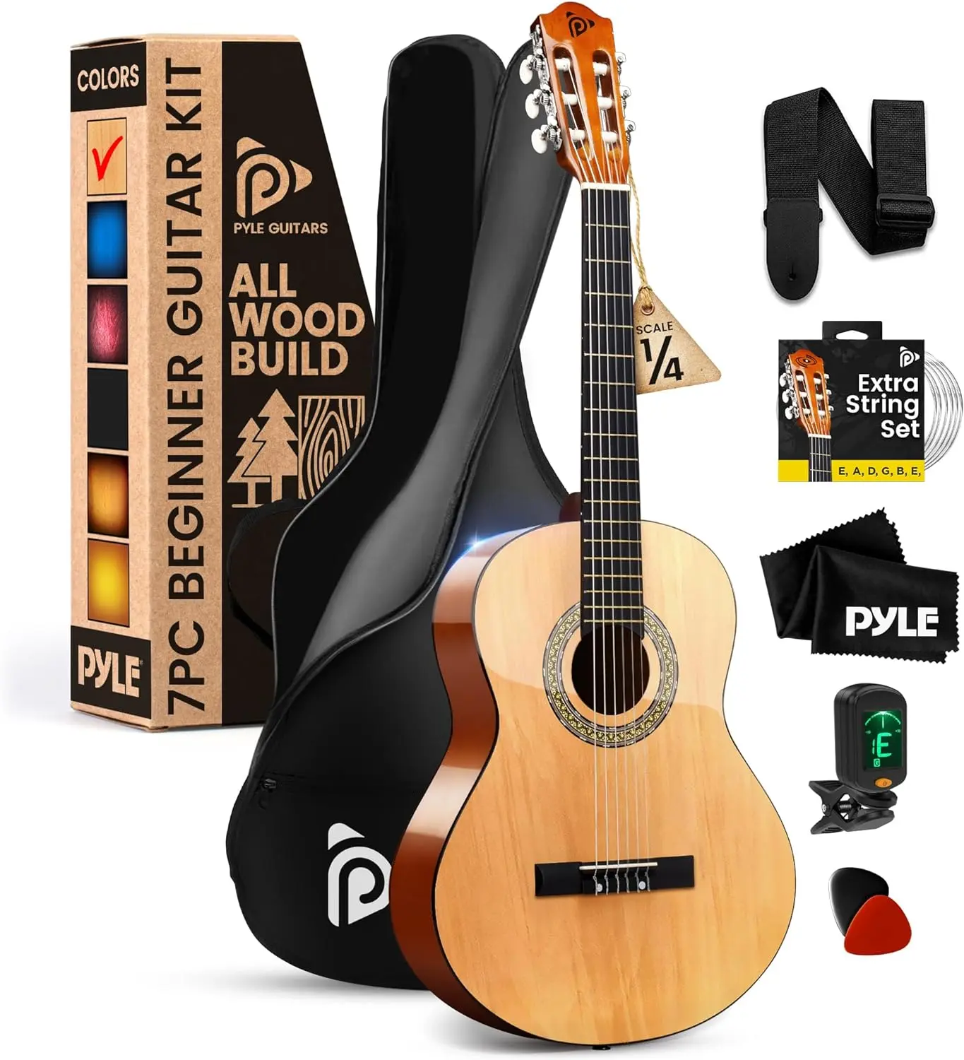 36" Acoustic Guitar Kit for Beginners 3/4 Size - Natural Ash | All Wood Classical Guitar with Nylon Strings, Gig Bag, Picks, Strap & Spare Strings - Starter Guitar Gift Set for Kids & Adults - Tuner Not Included