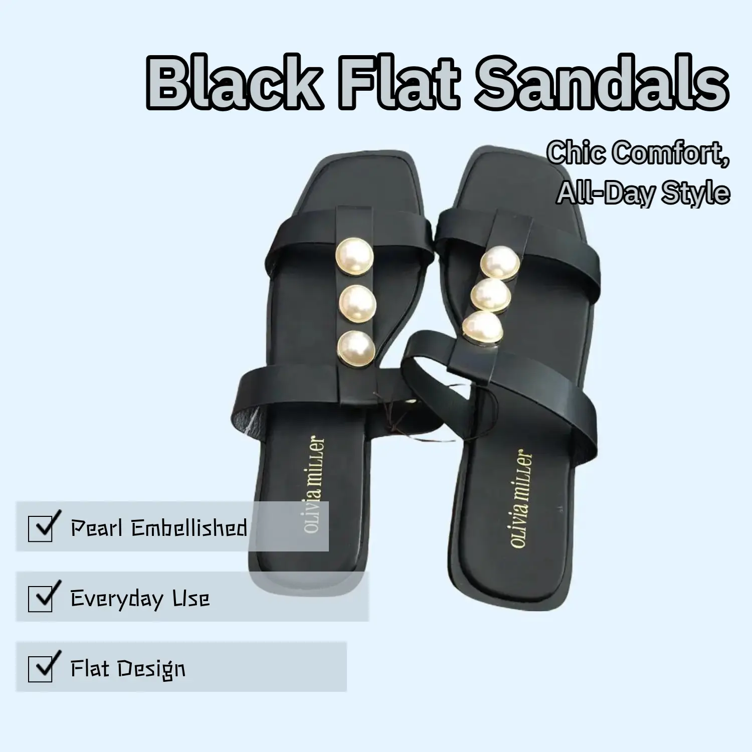 Olivia Miller Women's Black Flat Sandals with Pearl Embellishments for Casual Wear Comfortable Stylish Fashion