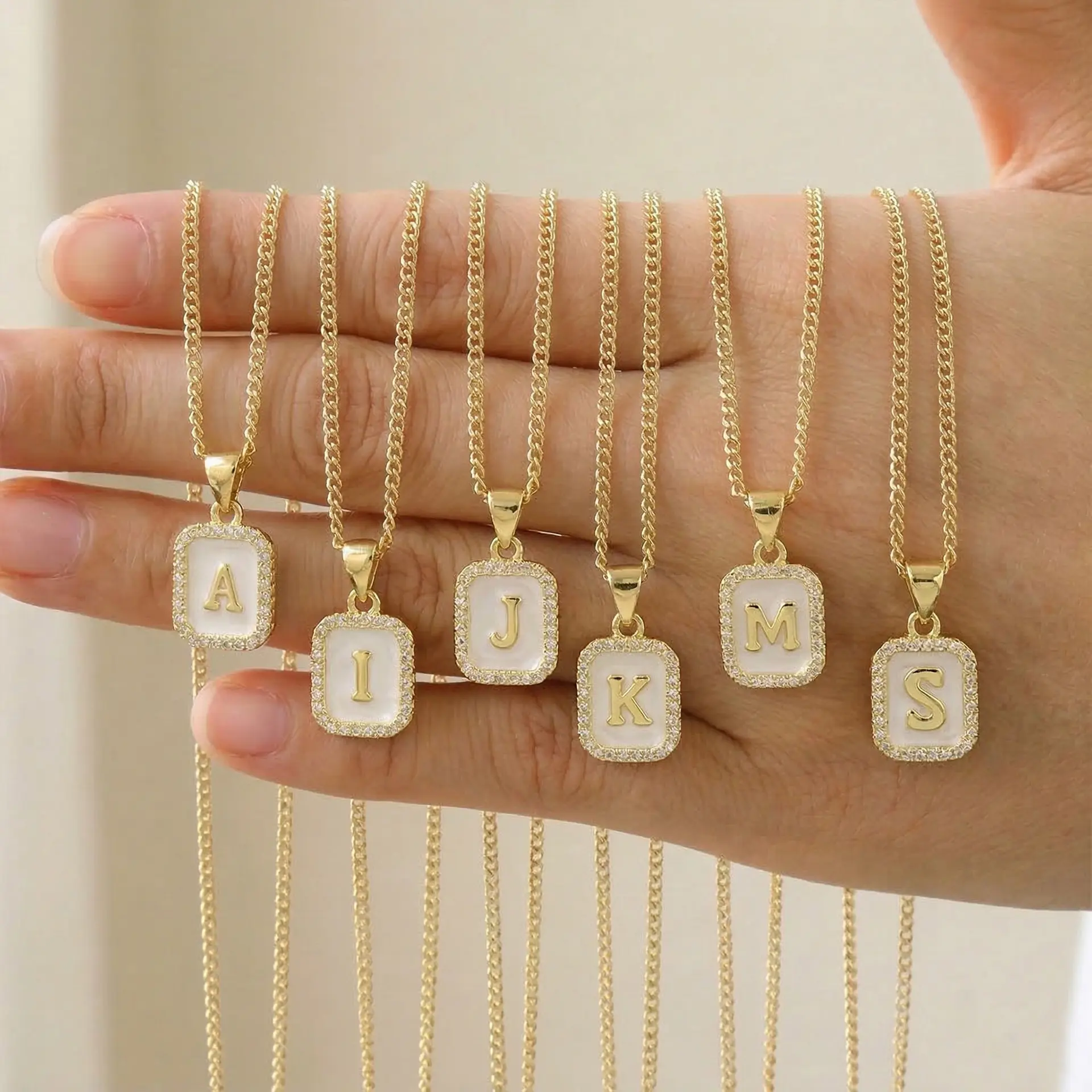 Rexviao Women's Elegant Square Enamel Initial Letter Necklace - Initial Necklaces for Women with Cubic Zirconia-Pavé Pendant Border, Casual Long Costume Jewelry for Daily Commuting, Ideal Best Friend Gift
