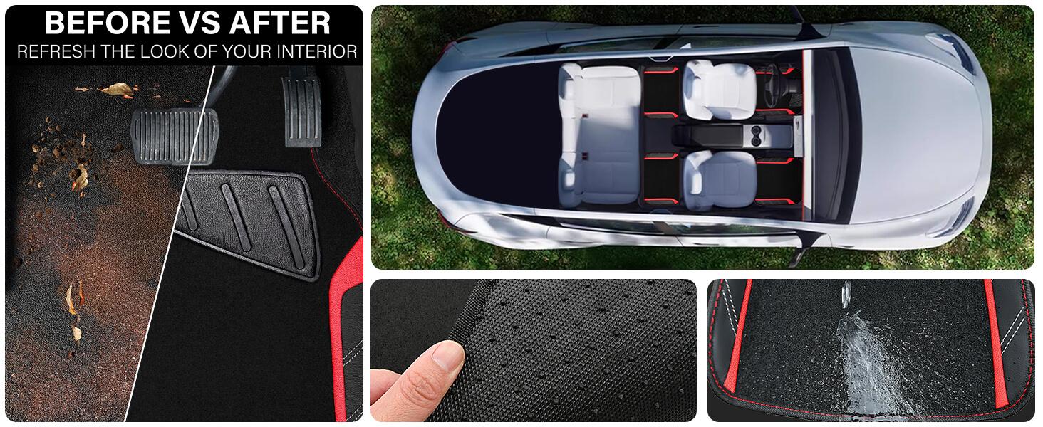 CAR PASS 5pcs Leather Steering Wheel Cover and Waterproof Car Floor Mats,fit for 95% Sedan,SUV,Cars,14.5-15inch Sporty Anti-Slip Safety Comfortable