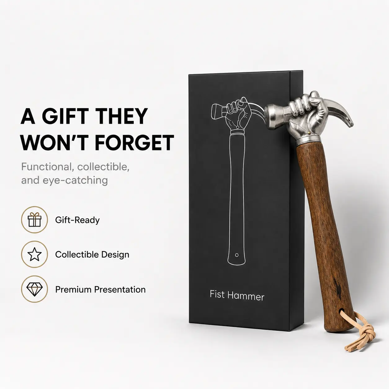 Fist-Shaped Claw Hammer, Metal Hammer Head with Wooden Handle, Unique Garage Tool Gift for Men, Light DIY and Workshop Decor