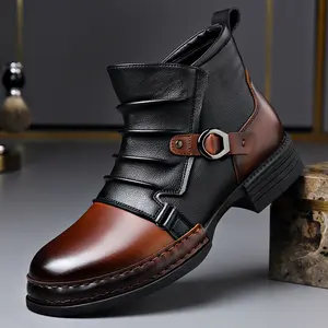 Autumn And Winter Versatile British Style Colorblock Men'S Fashion Boots Retro Belt Buckle Zipper Slip-On High Top Casual Leather Shoes