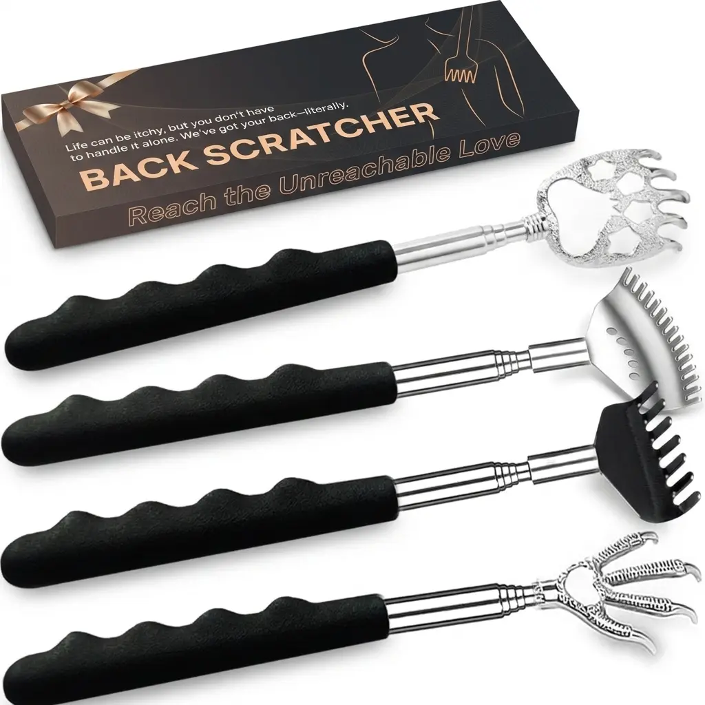 4Pcs Stainless Steel Extendable Back Scratchers with Rubber Handles, Portable Telescoping Massager Tool, Christmas Stocking Stuffers for Adults (Black)