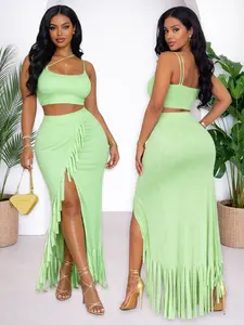 Women's Lime Green Ribbed Two Piece Set - Crop Top and Fringe Split Maxi Skirt for Summer Parties, Date, 2 piece sets, pencil skirt Style Womenswear Clothes