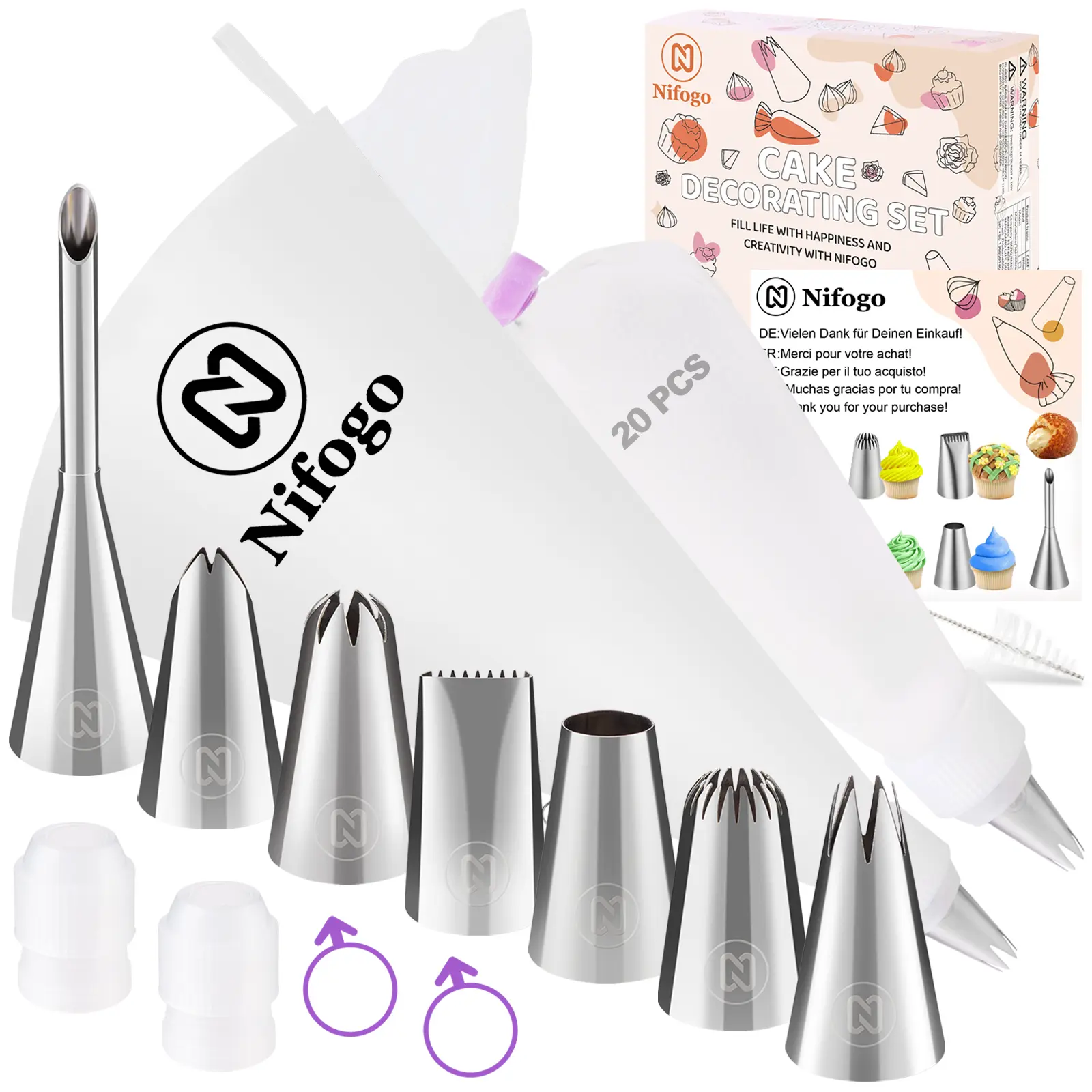 20 Pcs Piping Bags, Tips Set, Pastry & Icing Bags, 1 Reusable Piping Bag, 1 Couplers, 7 Frosting Tips,Pastry Decorating Tools, Complete Kit