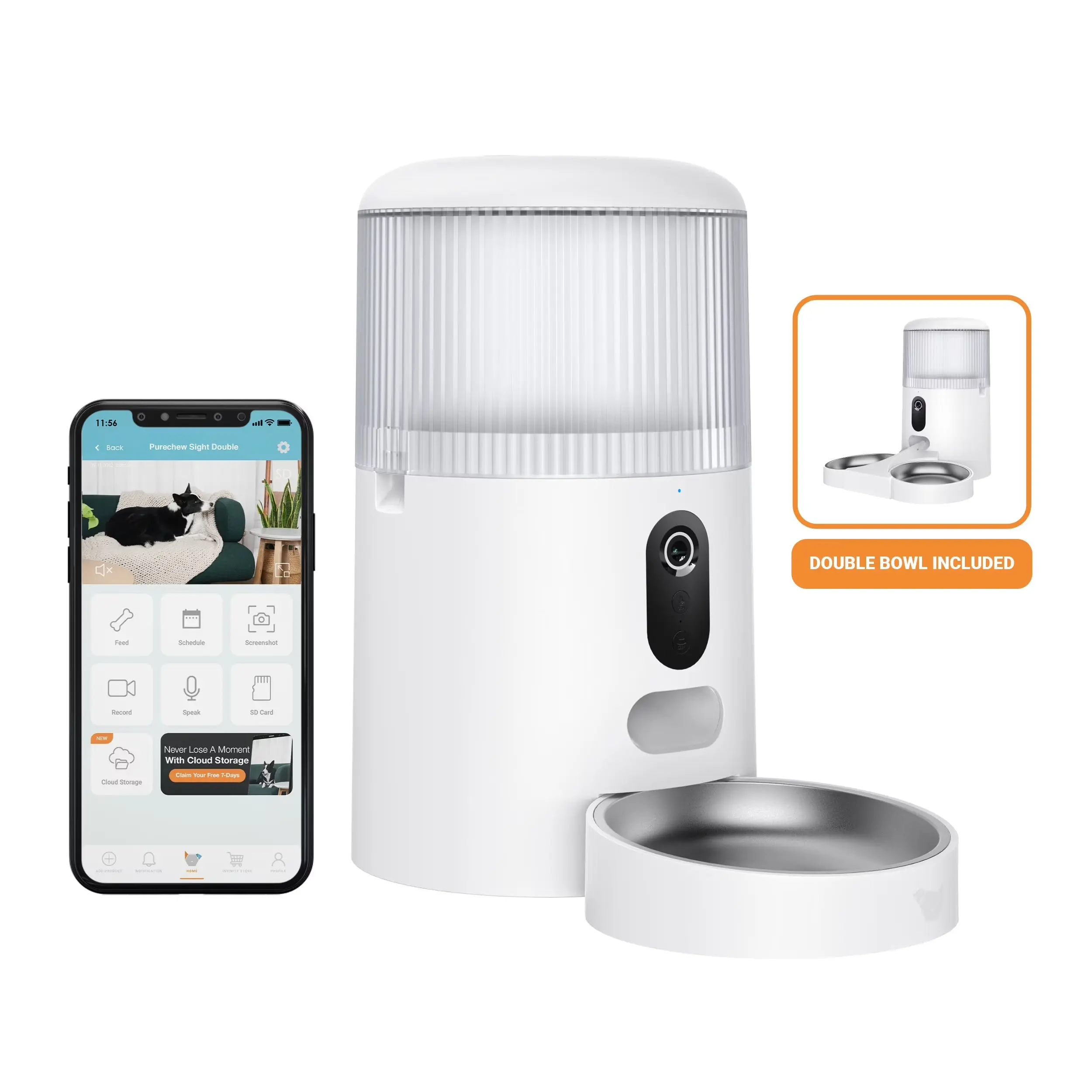 Purechew Sight Double Automatic Pet Feeder HD Camera Feeder with Double Bowls for Cats and Dogs