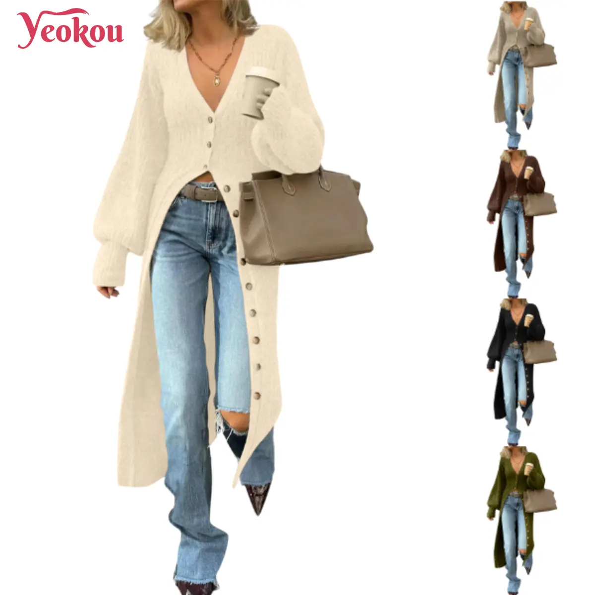 Yeokou Women's Minimalist Knitwear Duster Cardigan - V-Neckline, Long Sleeves, Button-Down Detail, Acrylic Blend, Flattering Cut, Fall Wear Chunky Top Coat