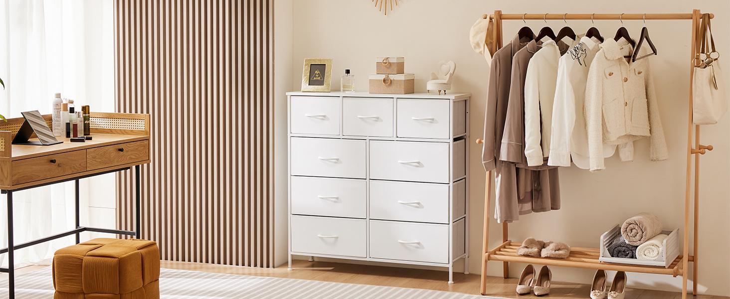 Fabric Storage Tower with 9 Drawers,  Chest of Drawers with Fabric Bins,Bedroom Drawer Dresser Organizer, Steel Frame and Wood Top