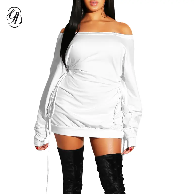 OYV Women's Slash Neck Long-Sleeve Lace-Up Drawstring Waist Loose Polyester Blend Mini Dress - Casual, Size-Adjustable, All Seasons, Cold Wash, Night Out Wear