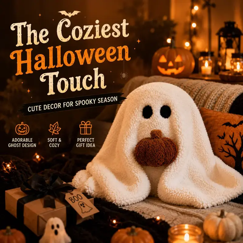 Unisex 11-in Soft Stuffing Halloween Ghost Plush Pillow with Pumpkin, Fabric Cover Halloween Decorations, Cute Home Cushion for Couch/Bed, Festive Fall Gift for Kids, Halloween Aesthetic, Ghost Face