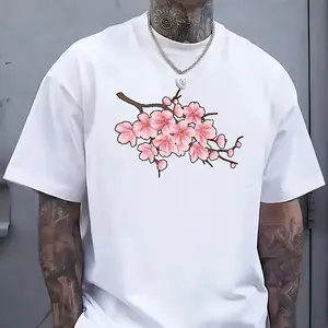 Japanese Realistic Cherry Blossom Sakura Branch Graphic T-Shirt Unisex Casual Aesthetic Tee for Japanese Culture Lovers & Minimalist Style Fans 100% Cotton Classic Fit Menswear - Top, Embroidered