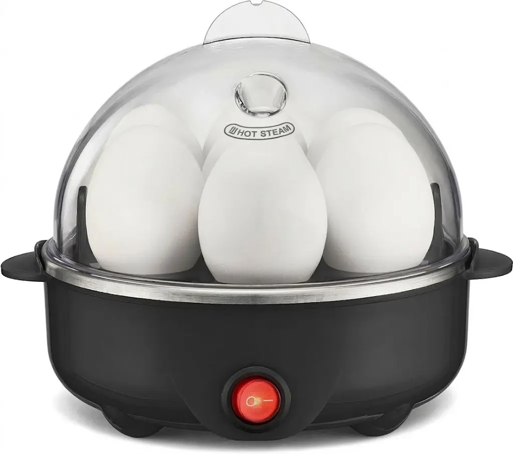 Kitchen Egg Cooker - Rapid Boiler & Poacher, Meal Prep Essential, Family-Sized, 7 Large Boiled Eggs Capacity, 360W Heating System, Dishwasher-Safe Lid with Cool-Touch Handles, Poaching Tray & Measuring Cup Included, Easy to Clean, Black