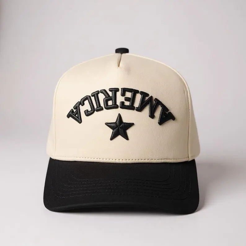 America Backwards Upside Down Hat Patriotic Baseball Cap, 4th of July Trucker Hat | Black Cream Two Tone USA Hat | Trendy American Flag Star