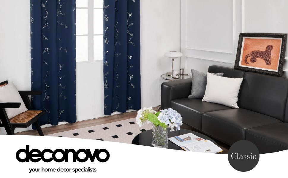 Deconovo Blackout Curtains,  Silver Wave with Flower Leaf Foil Print Curtain, Light Reduction Solid Grommet Drapes for Bedroom, 2 Panels curtain