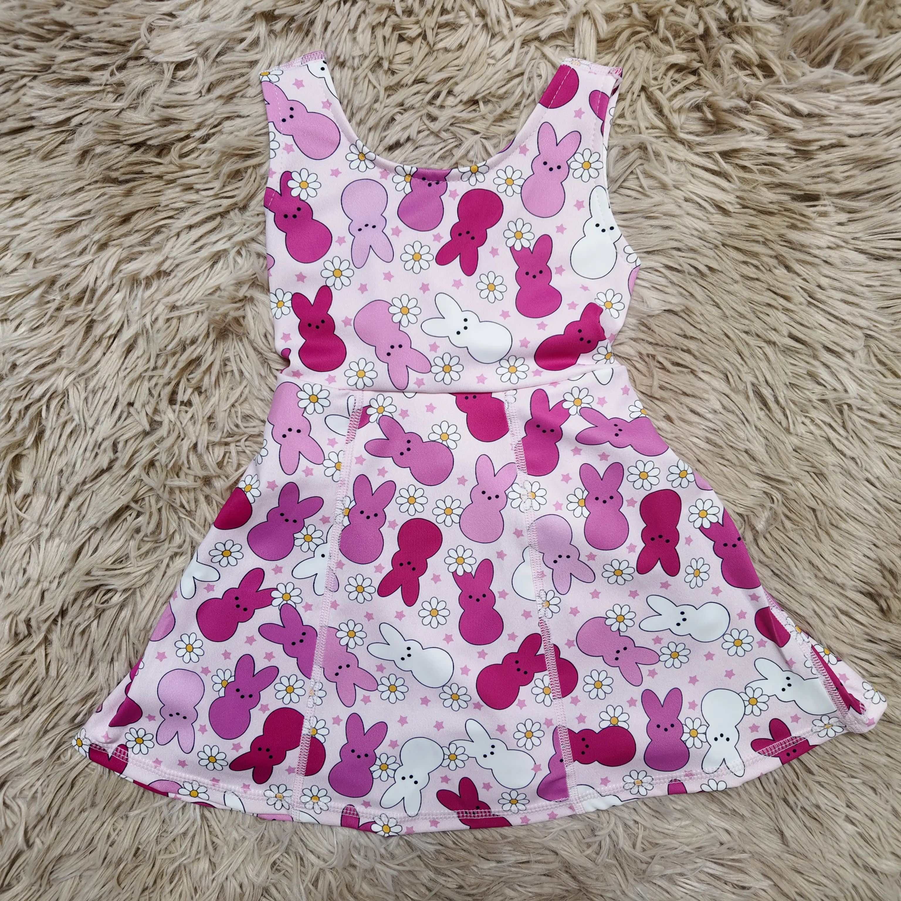 Girls' Sleeveless Tank Dress - Relaxed Fit, Cartoon Style Floral & Pink-White Rabbit Print, Kids' Easter Wear (2t, 3-6m), Athletic Dresses, Printed Dress