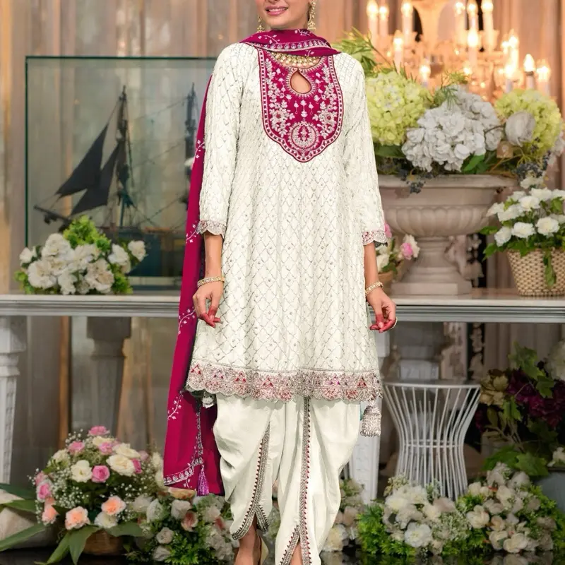 Panjabi Suit 3 Piece Same As Picture Ready To Wear White Embroidered Kurta with Pink Dupatta and Matching Dhoti