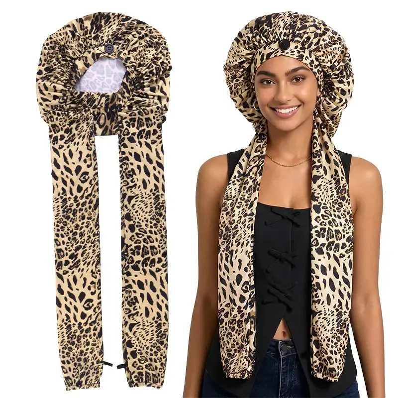 Humwam Adjustable-Tie Leopard Print Satin Long Hair Bonnet - Haircare Gift, Lightweight Silky Anti-Frizz Effect Hair Wrap, 1-Size Headwear for Sleeping, Locs Protection