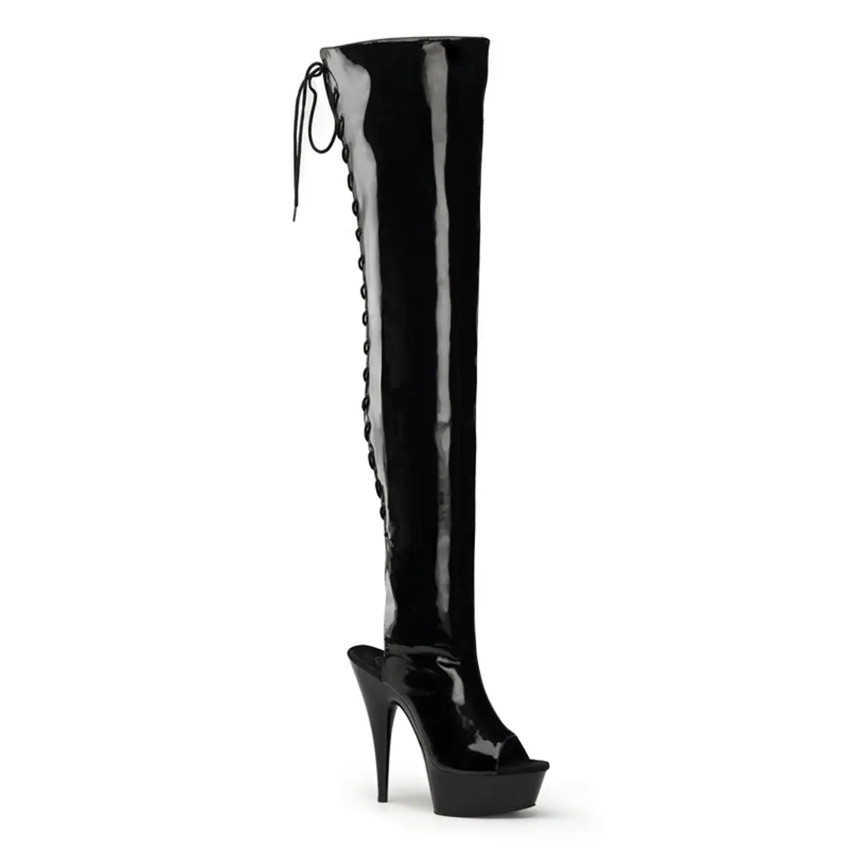 Pleaser Women's Delight-3017 Seductive Thigh High Boots, Stretch Open Toe Stilettos with 6" Heel & Platform, Lace-Up Statement Party Heels, Pleaser Heels