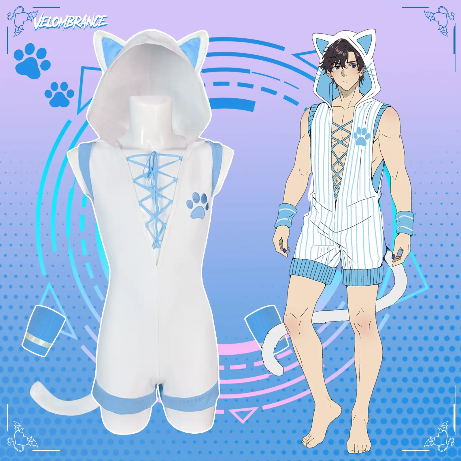 Velombrance Mens Cat Cosplay Hooded Romper Anime Kawaii Festival Rave Outfit With Tail Wristbands AS43 summerwins,summerwins Costume Accessories Blue