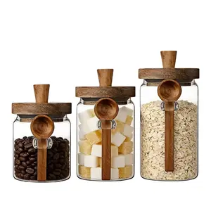 sugar storage-Set of 3 Glass Jars withWooden Lids and Spoons for Kitchen FoodStorage Coffee Tea Sugar DecorativeCountertop Organization Jars BottleContainers meal prep containers