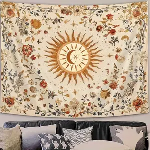 Bohemian-style floral tapestry, a retro sun and moon floral natural beige pattern tapestry, suitable for bedroom, living room and dormitory decoration, as an interior decoration， bedroom decor cool stuff for room tapestry mens room decor boys room decor