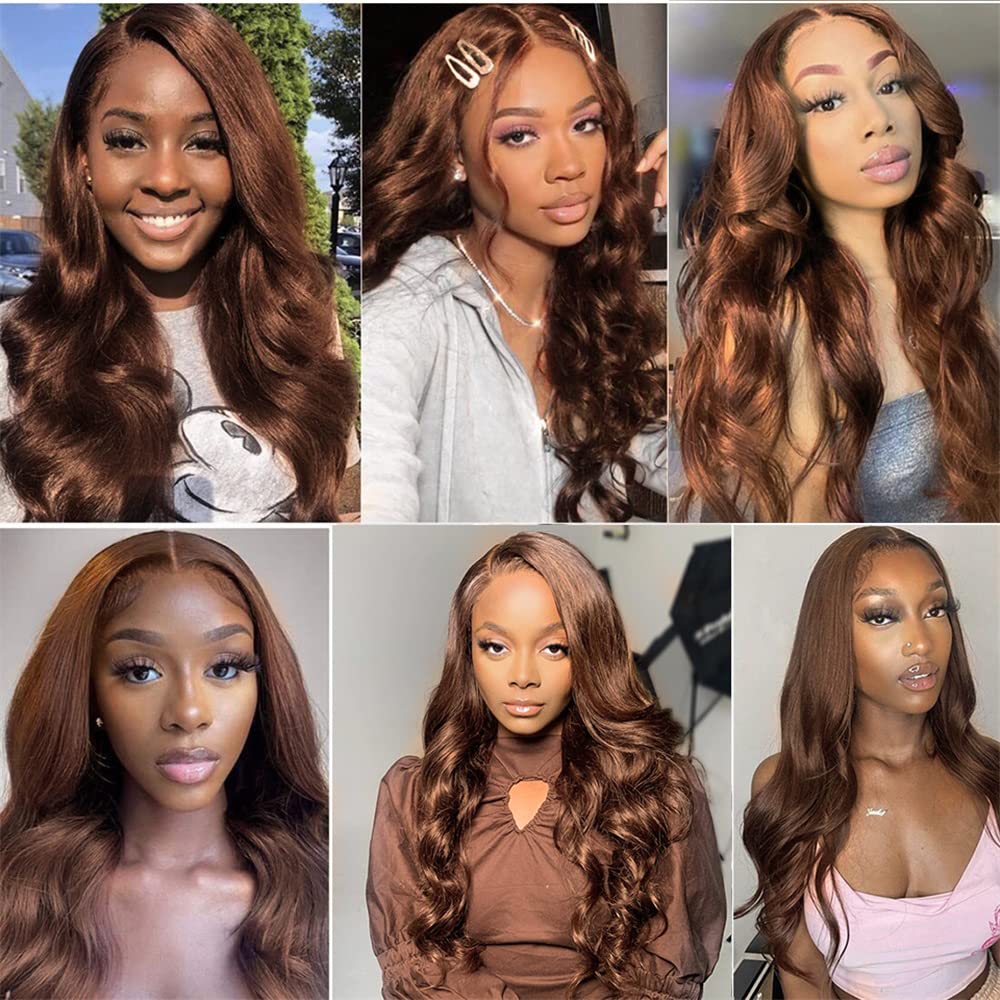 32 34 Inch Body Wave Chocolate Brown 13X4 Transparent Lace Front Wig Brazilian Real Human Hair 13X6 Hd Lace Frontal Wig Colored  Pre Plucked Natural Hairline For Women