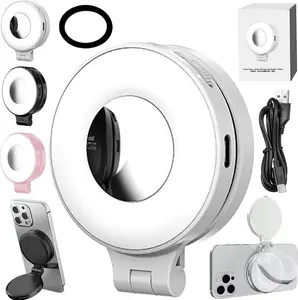 Magnetic Ring Light with Mirror for Phones 3 Color Modes & Touch Control Rechargeable Selfie Light with Type-C Port & Universal Metal Ring Adapter Works with All Smartphones Adjustable