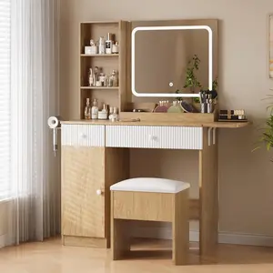 Nature Oak Vanity Desk with Mirror and Lights, Pink Makeup Vanity with Charging Station, Dressing Table Set with Storage Chair, Drawer Shelves, and Foldable Panel for Compact Space Bedroom,
