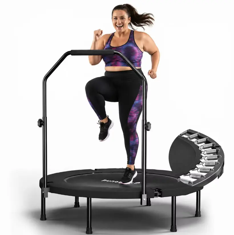 SkyBound Fitness Rebounder for Adults, 40-Inch Round Alloy Steel Jump Trampoline with Adjustable Handle Bar, Foldable for Home Gym, Safe Jump with 32 Closed Springs, Round Shape, Metal, 3 Years