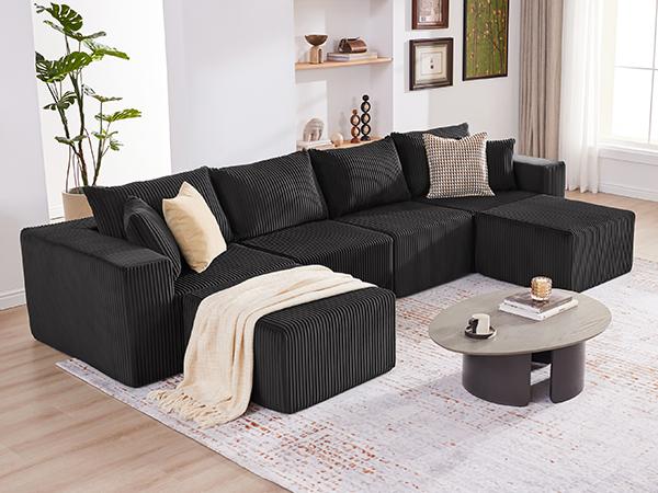 【3 packages】135.4" Cloud Couch Sectional, Modular Sofa with Deep Seat, Plush Corduroy L/U Shaped Boneless Couch, Convertible Sectional Couches for Living Room, 5/6Seat