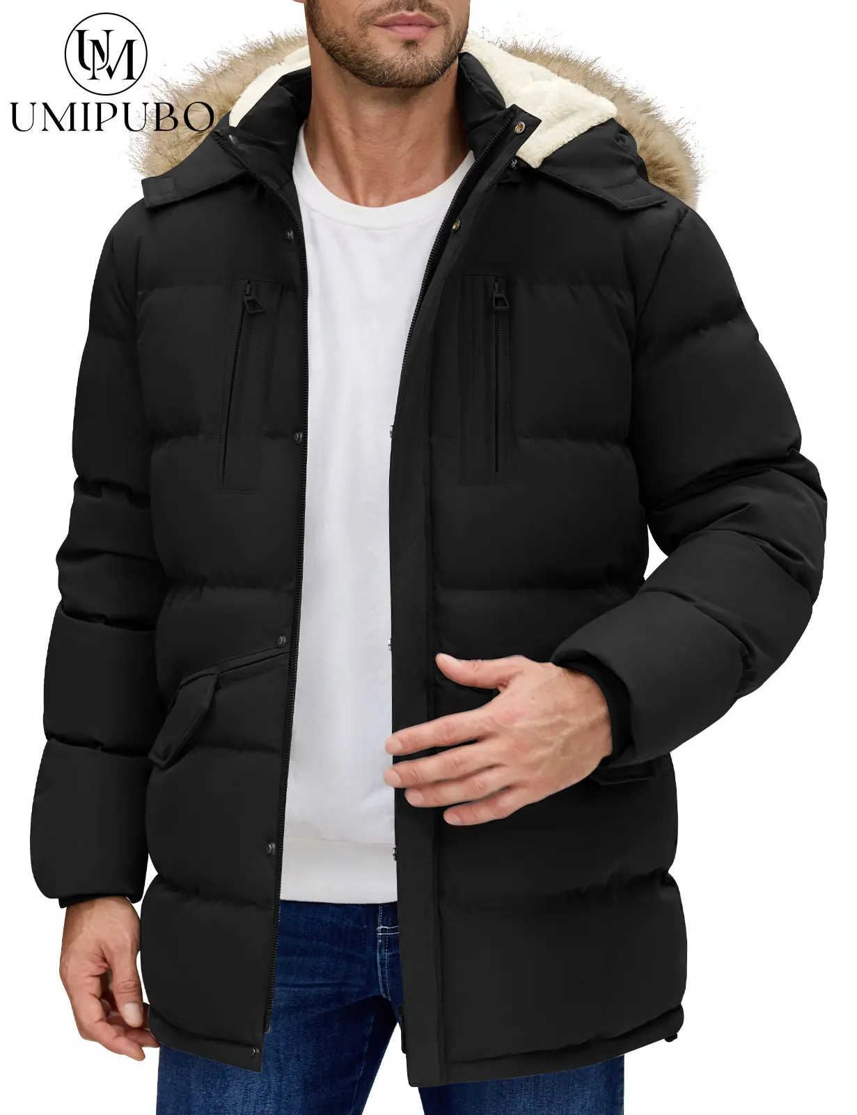 UMIPUBO Menswear Men's Winter Warm Long Sleeve Casual Padded Parka, Mid-Length Cut Covers More Thigh, Fleece-Lined Windproof Outerwear with Detachable Hood, Tops