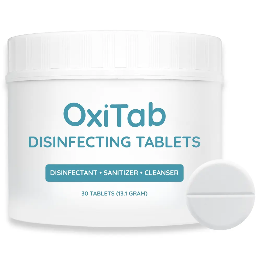 OxiTab Solid Disinfectant Cleaning Tablets - EPA Registered, Mild Chlorine, Non-Hazardous Antiseptic, Kills 99.9% Germs, Multi-Surface Cleaner, Drop-Dissolve-Disinfect, 1 Box Household Supplies for Hospitals, Hospitality, Schools
