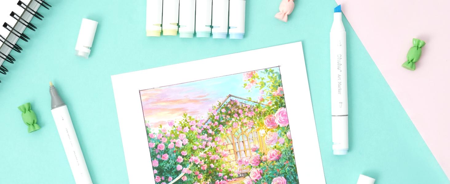 Ohuhu Alcohol Markers: Chisel and Fine Dual Tips - 48 Pastel Colors - AP Certificated - Double Tipped Art Marker Set for Artists Adults Coloring Illustration - Refillable - Oahu Series of Ohuhuart