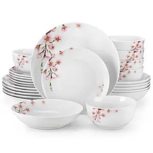 VEWEET 18/24 Pieces Ceramic Dinnerware Sets, Round Porcelain Plates and Bowls Set with Pink Floral, Classic Microwave Safe Set Dining Ware for Kitchen, Series ANNIE