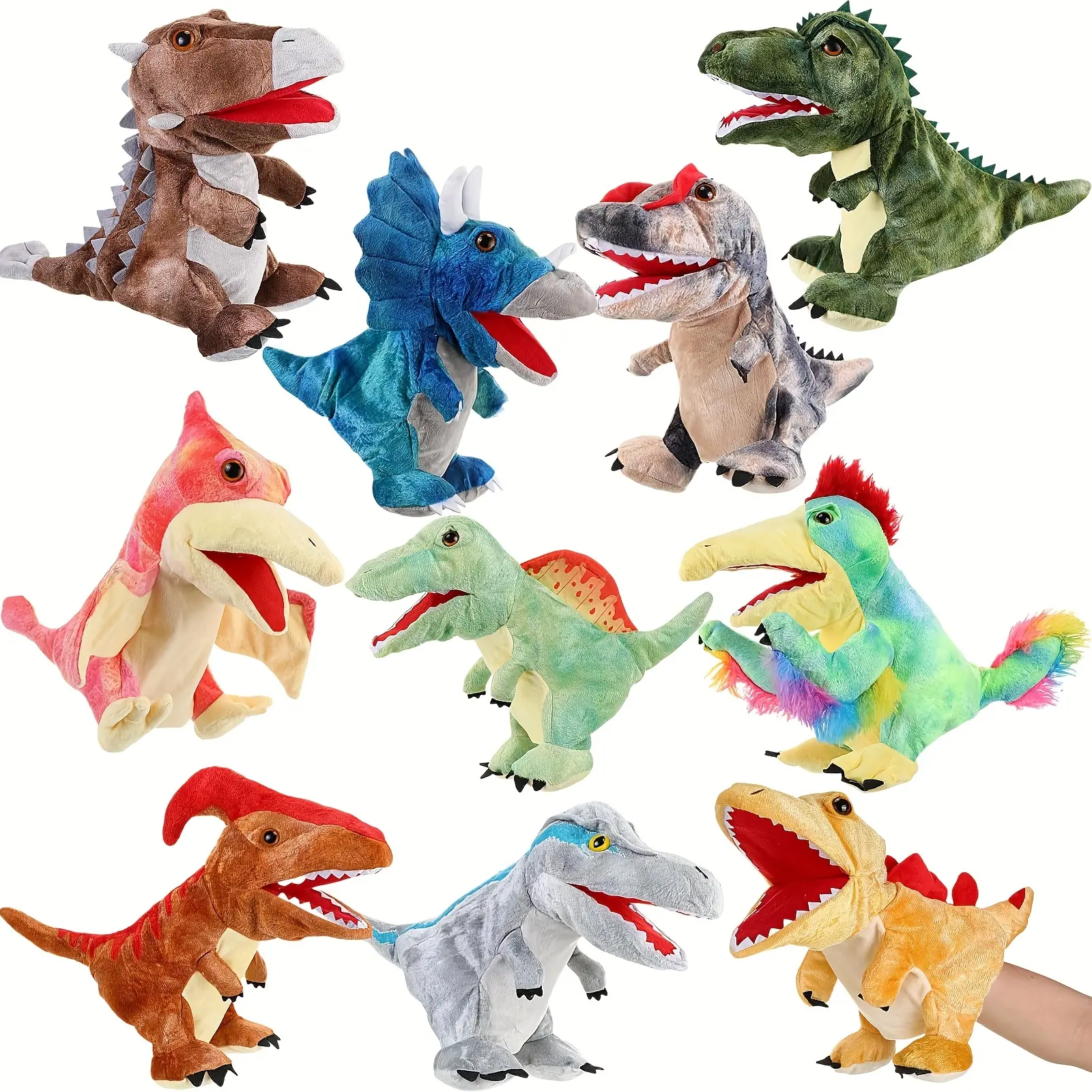 Dinosaur Plush Hand Puppets - Soft Huggable Animal Mascot Stuffed Toys with Open Movable Mouth, Plush Material Feels Cozy and Cuddly, Safe Materials, Pretend Play Toy, Great Birthday Gift, Creative Role Play