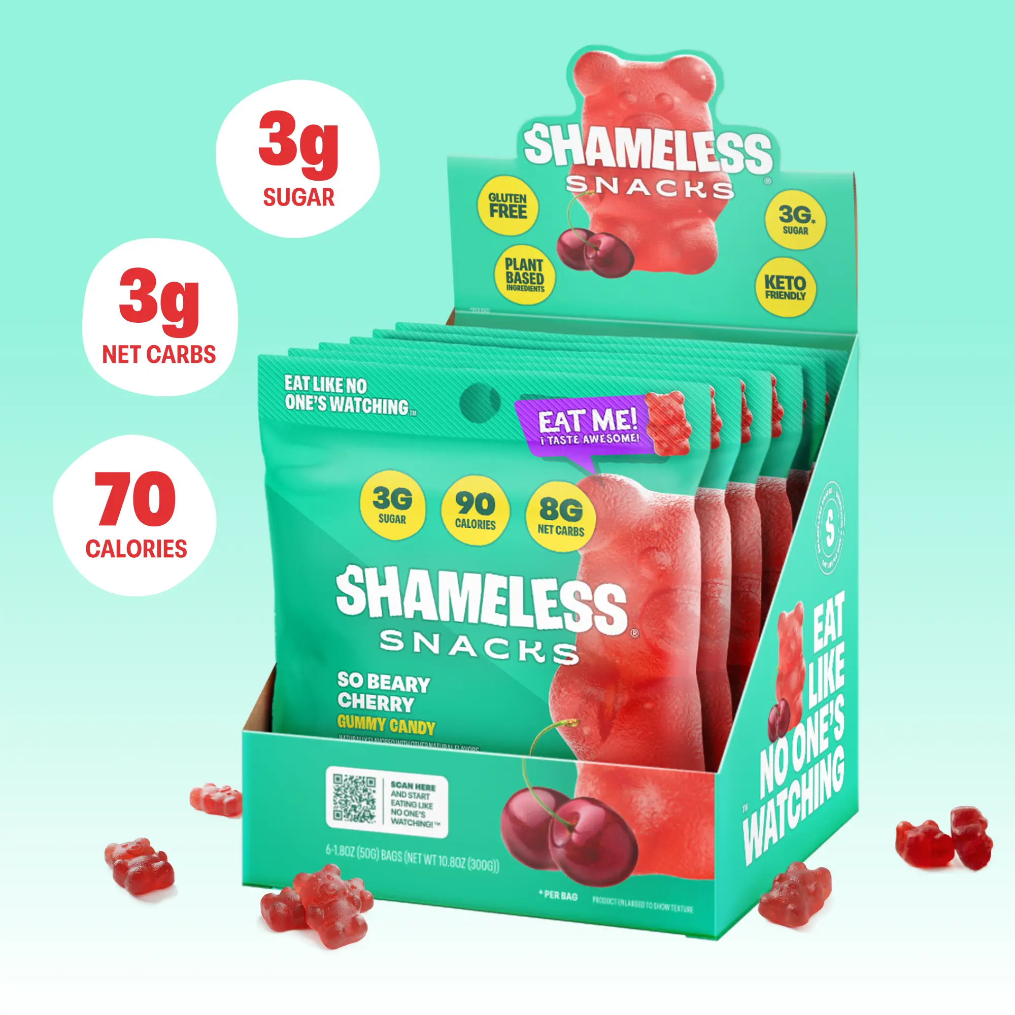 So Beary Cherry - Keto & Vegan Gummies (6 Bags), 3g Net Carbs, 3g Sugar, Gluten-Free, 70 calories per bag, sweet snack Bonbon Fruity