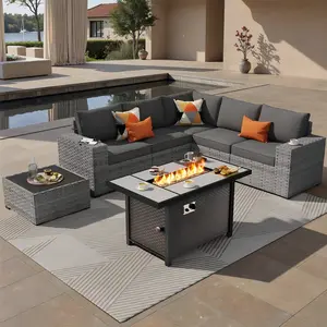 【Summer Vibes】OVIOS 7-Piece Outdoor Patio Furniture Set with Fire Pit Table, All-Weather Wicker Sectional Conversation Set with Wide Armrests & Cushions for Backyard, Patio, Porch, Deck & Garden