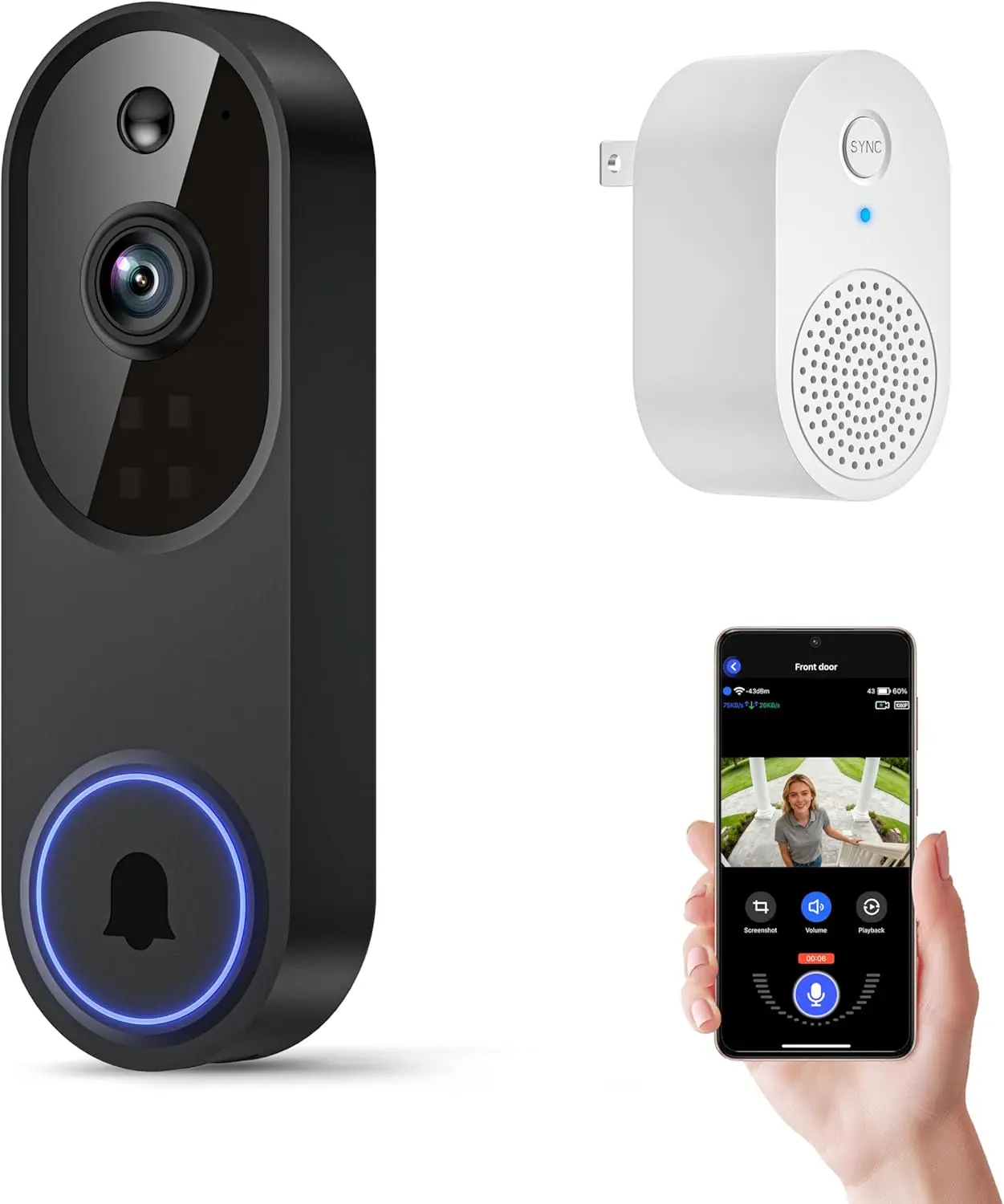1080P Wireless Wi-Fi Video Doorbell Camera, 2.4GHz Wi-Fi, Infrared Night Vision, Motion Detection, Rechargeable Battery