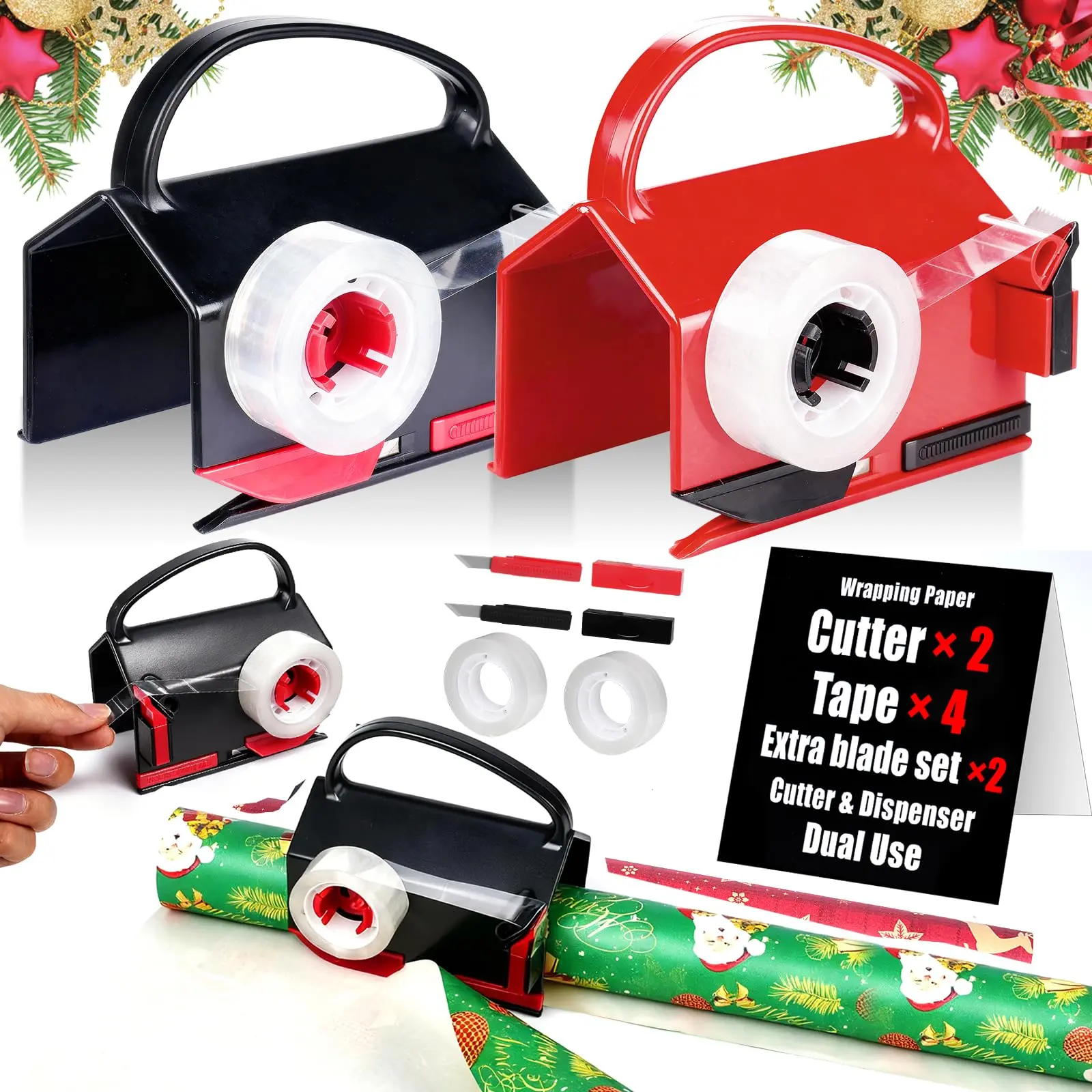 VEEVEO Dual-Use Wrapping Cutter & Tape Dispenser Office Cutting Supplies Kit with 4 Tapes, 2 Replacement Blades, Roll Holder Tube for Adults’ Christmas Gift Wrapping, Cellophane, Kraft Paper Office Accessories,back to school,back to school haul