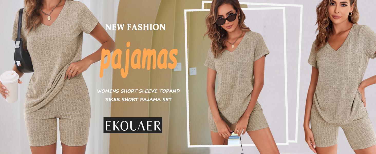 Ekouaer Biker Short Sets Women 2 Piece Outfits Ribbed Pajama Short Sleeve Workout Set