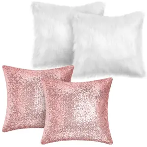 4 Pcs Sequin and Fluffy Pillow Covers Winter Throw Cases Soft Cushion Cover for Couch Bed Sofa 18x18 Inch