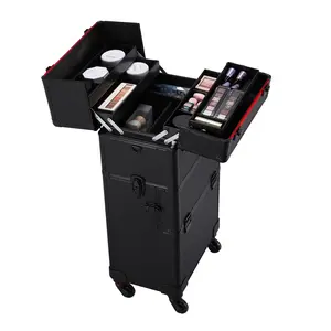 Costoffs 3-in-1 Aluminum Cosmetic Case Professional Makeup Train Case, Large Capacity Trolley Makeup Case with Carrying Strap Black