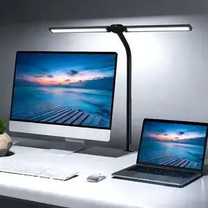 LED Desk Lamp for Home Office - Dimmable Computer Desk Light with Clamp, Modern Architect Task Lamp with Color Changing, Flexible Desktop Lamp with Gooseneck for Monitor, Double Head, Black